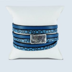Bracelet cuir 3 tours bleu et bulle avec fermoir