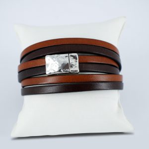 Bracelet cuir 3 tours marron clair et marron foncé avec fermoir