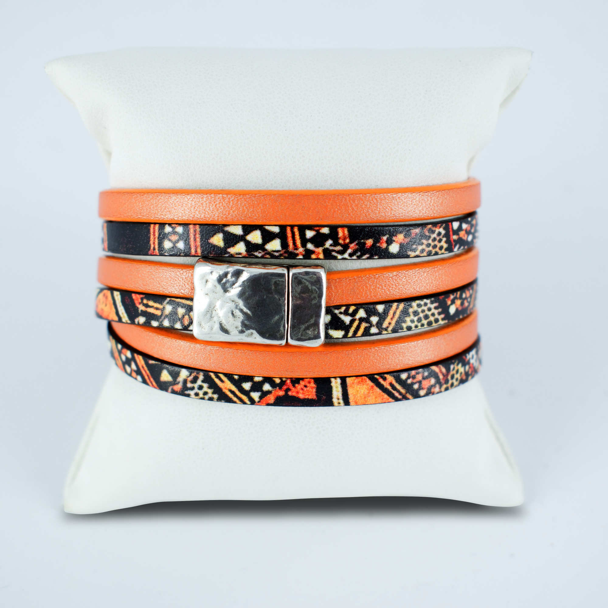 Bracelet cuir 3 tours Orange Irise Azteque avec fermoir