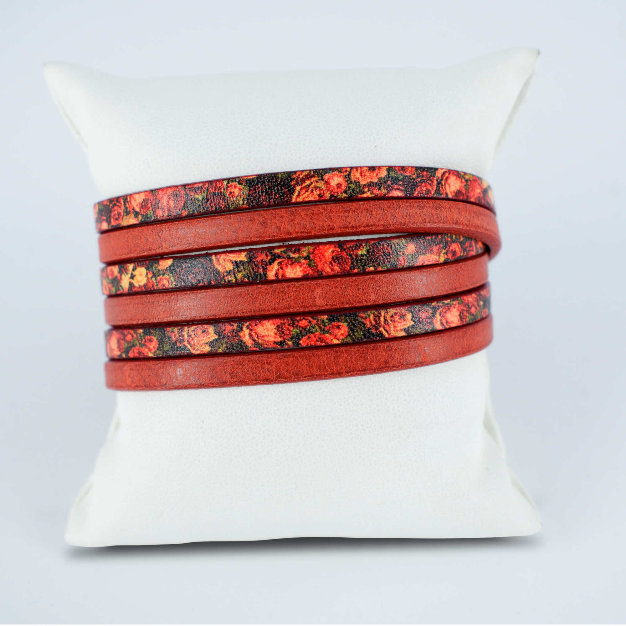Bracelet cuir 3 tours rouge Wax bouquet de fleurs