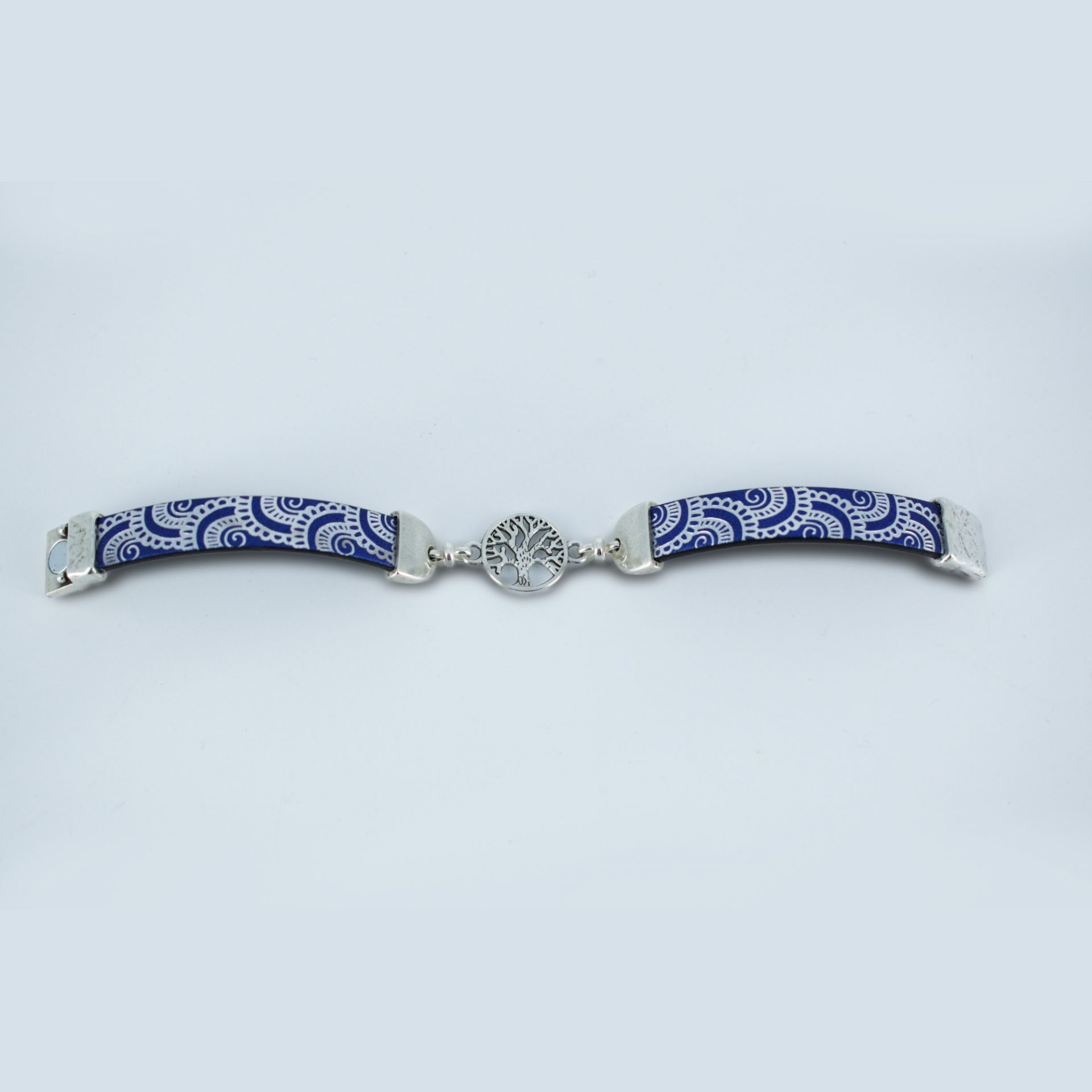 Bracelet cuir arbre de vie baroque bleu avec fermoir
