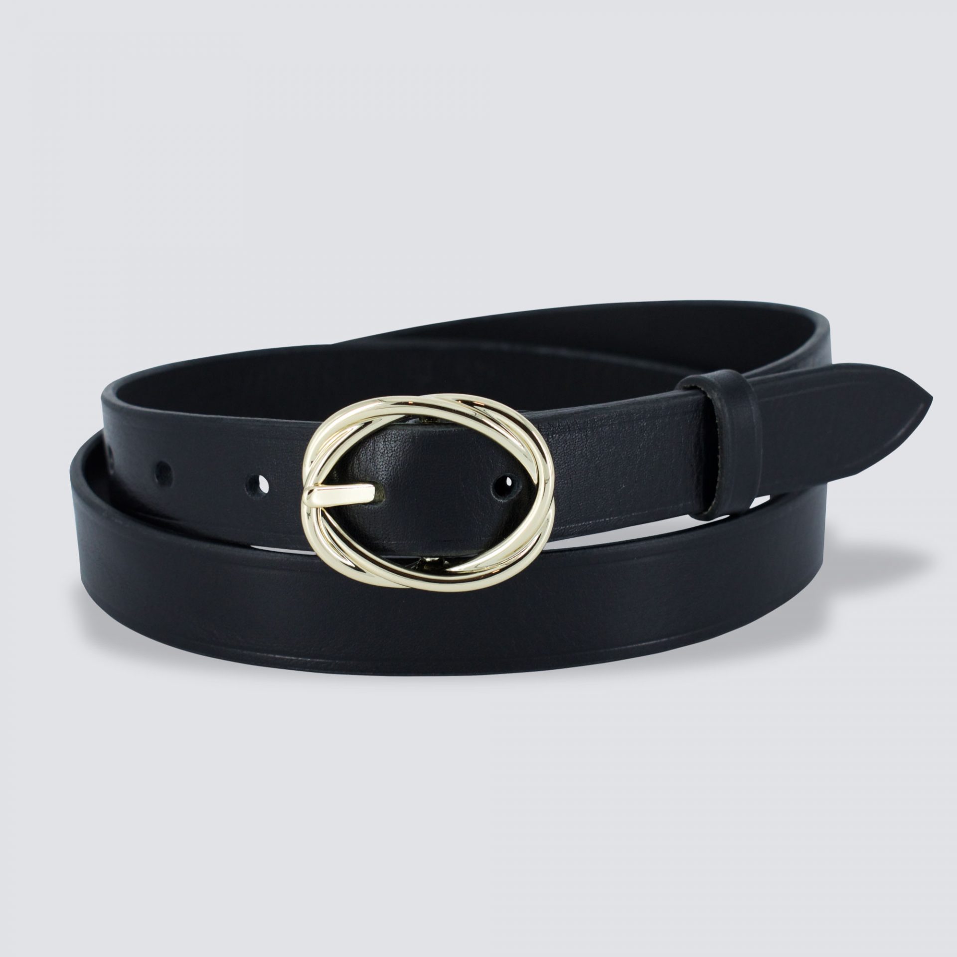 Ceinture cuir Rouet dorée noir enroulée fond gris