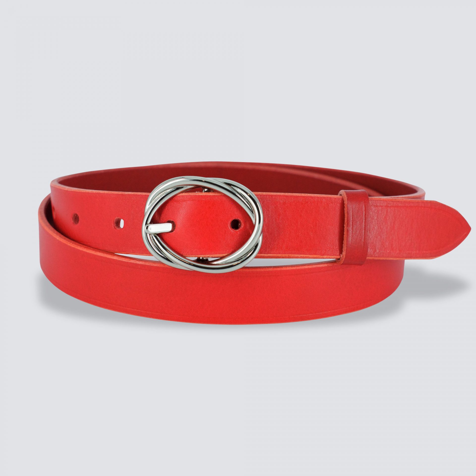 Ceinture cuir Rouet rouge enroulée fond gris