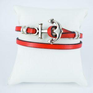 Bracelet cuir rouge ancre marine