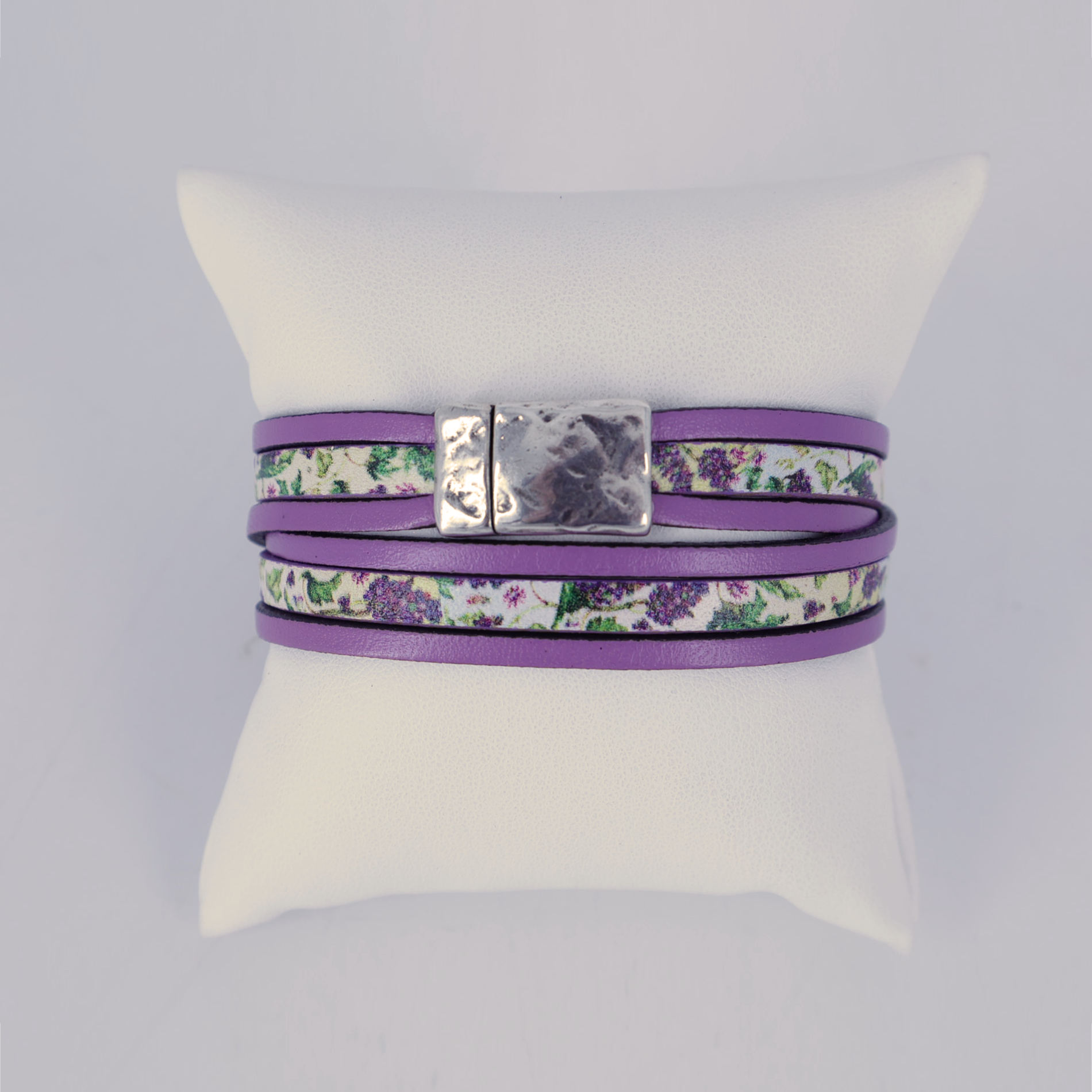 Bracelet cuir 2 tours lilas lavande avec fermoir
