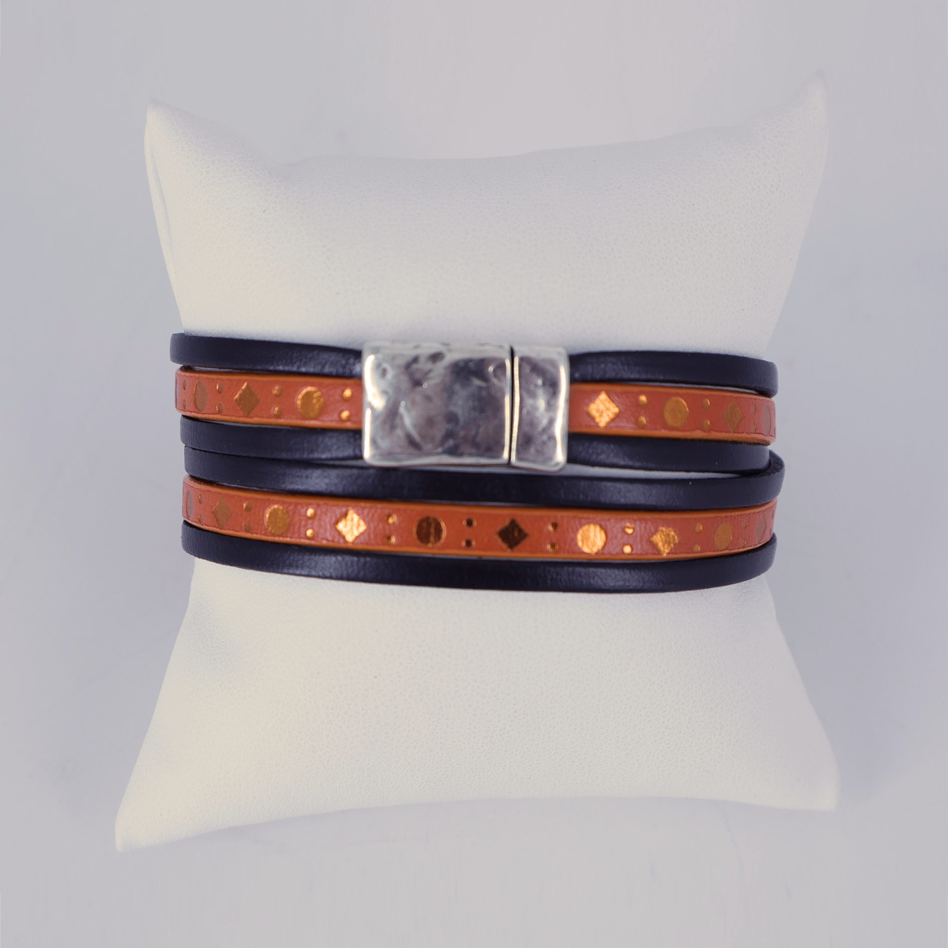 Bracelet cuir 2 tours noir punto orange avec fermoir