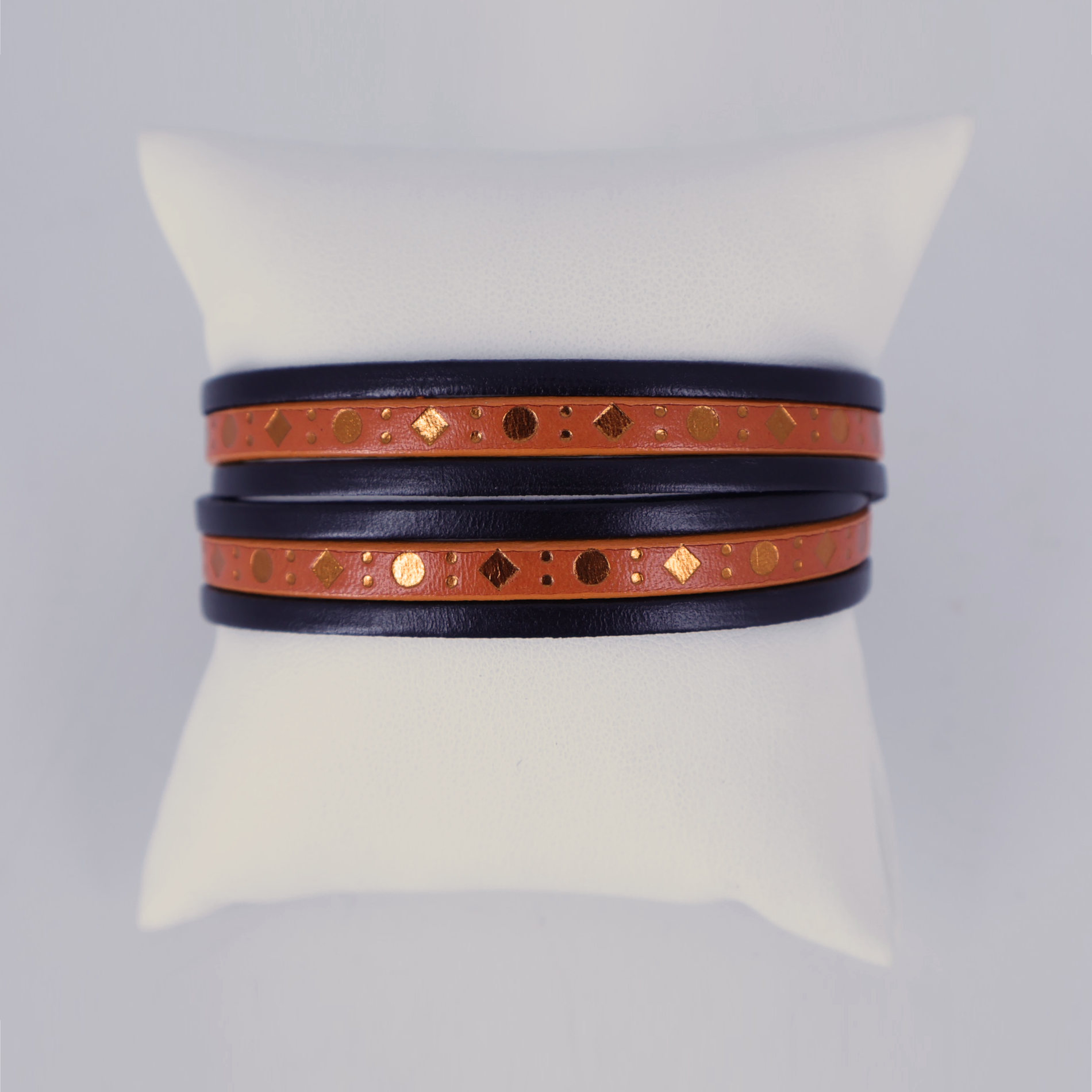Bracelet cuir 2 tours noir punto orange