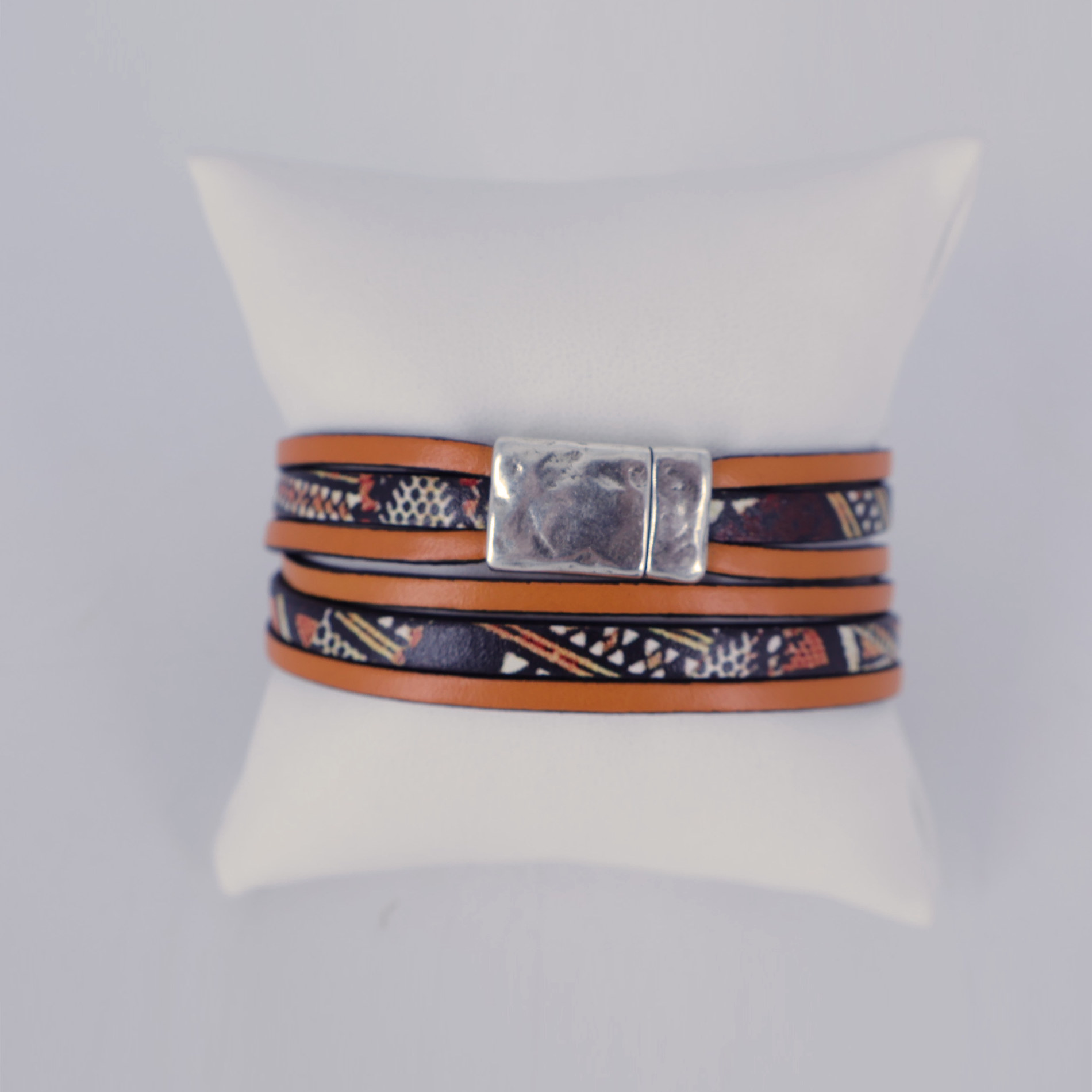 Bracelet cuir 2 tours orange inca avec fermoir