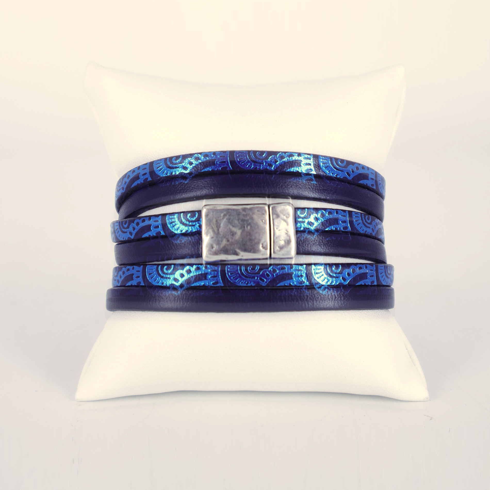 Bracelet cuir 3 tours bleu électrique et marine avec fermoir