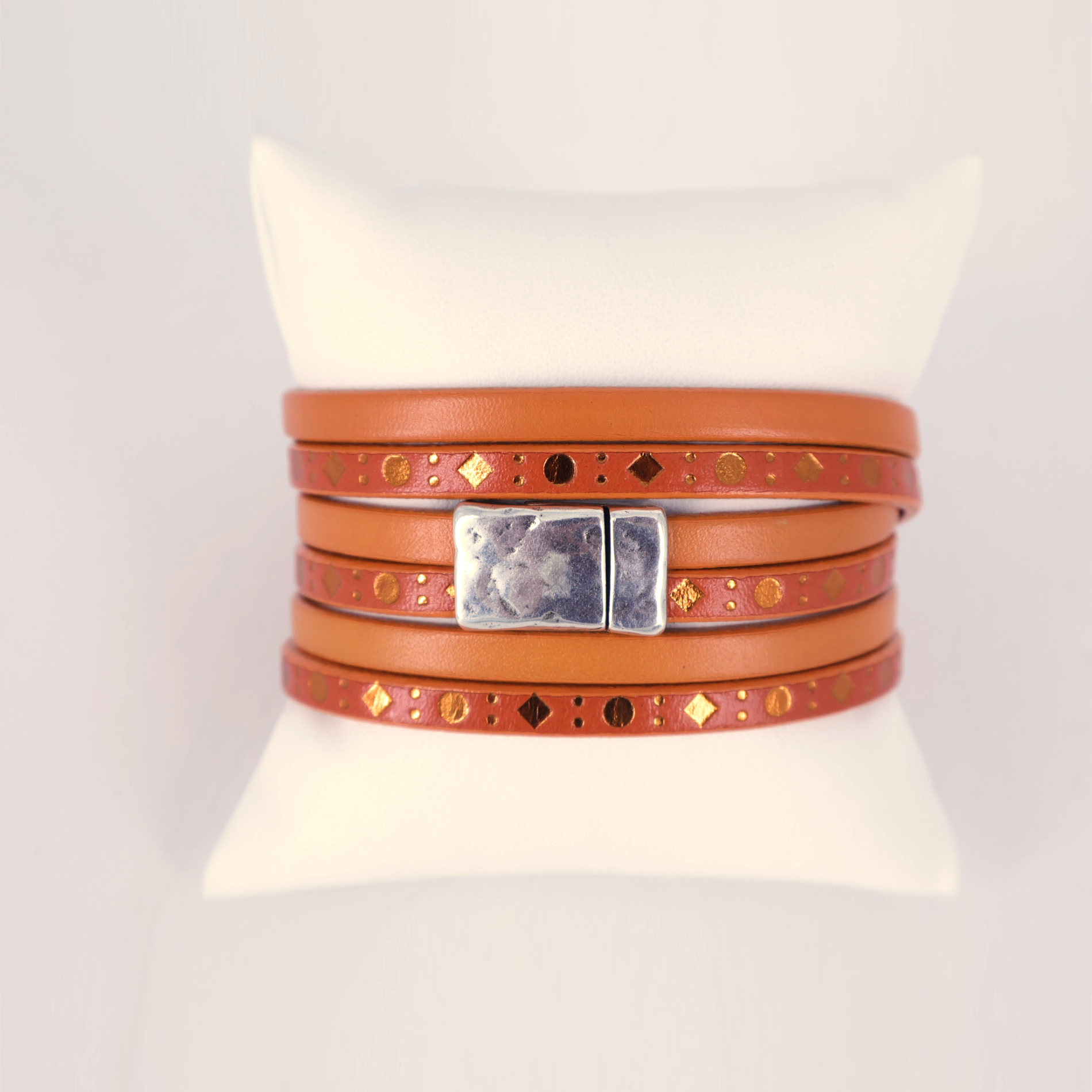 bracelet cuir 3 tours orange punto argenté avec fermoir